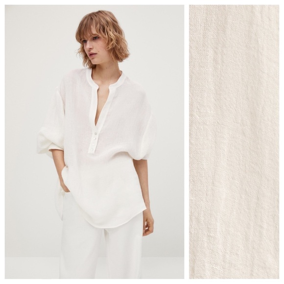 NWT. Massimo Dutti Cream Linen Blend Waffle-Knit Blouse/Shirt. Size M-L. - Picture 1 of 11